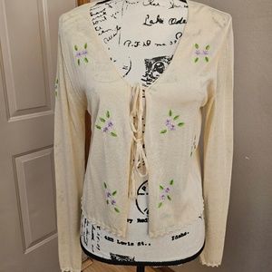 Cream Lace-Up Front Floral Embroidered Cardigan